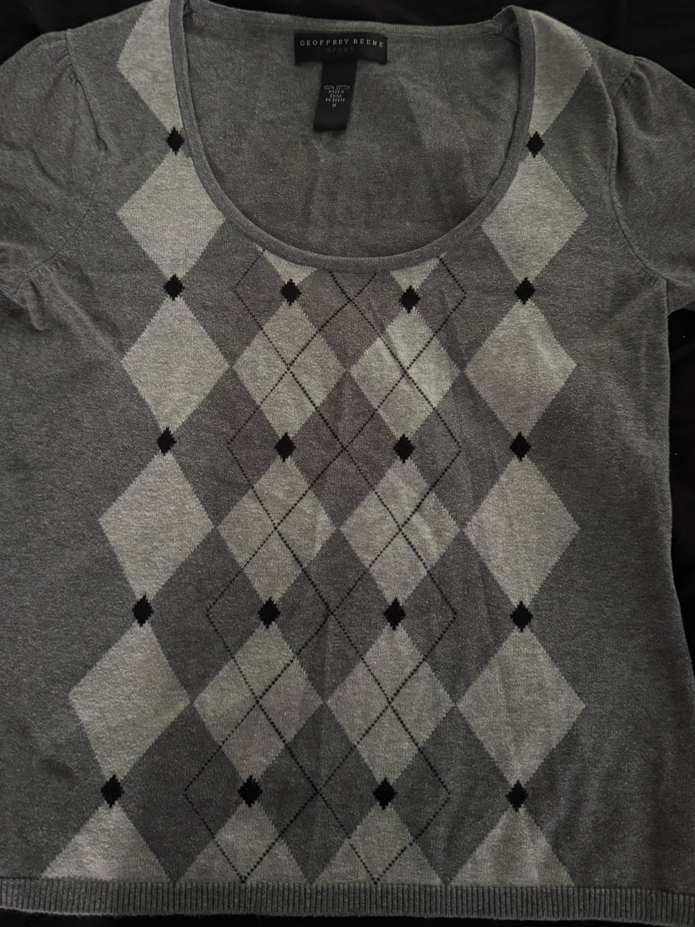 Geoffrey Beene Sport Gray Argyle Short Sleeve Cotton Sweater Top